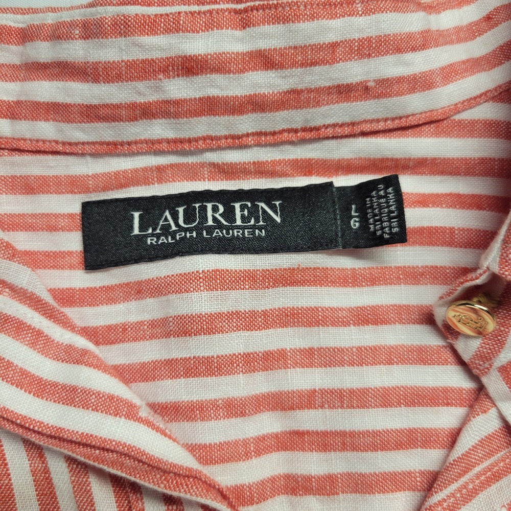Lauren Ralph Lauren Red White Striped Linen Front Tie Shirt Large Short Sleeve - Picture 5 of 11